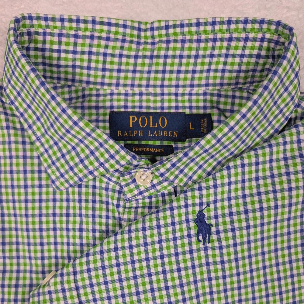 Polo Ralph Lauren Shirt Mens Large Green Blue Gingham Performance Stretch Pony
